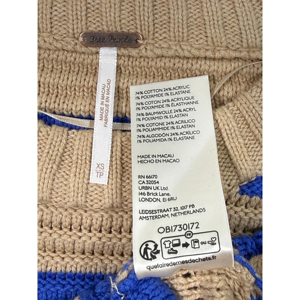 Free People Blue Tan Striped Oversized XS/S Ribbed Knit Balloon Sleeve Sweater
